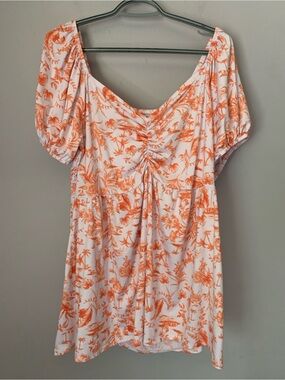 mySTYLE 2X Orange White Tropical Floral Babydoll Tunic Top Puff Sleeves